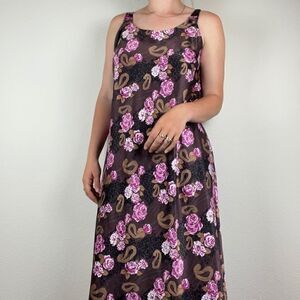Vintage 90s Women’s 100% Silk Pink Brown Floral Maxi Nightgown Slip Dress Sz L